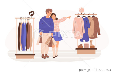 Happy people buyers in store on shopping sale. Guy with packages and cute girl choose clothes on racks of hangers. Vector illustration. Holiday shopper character. Consumerism, purchase concept. Happy people buyers in store on shopping sale. Guy with packages and cute girl choose clothes on racks of hangers. Vector illustration. Holiday shopper character. Consumerism, purchase concept. 119292203