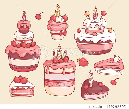 Holiday Cakes Collection. Multi-tiered festive dessert with icing, strawberries and candles, cupcake, pieces of fruit and chocolate cake with cherries. Isolated Sweet food. Vector illustration. Holiday Cakes Collection. Multi-tiered festive dessert with icing, strawberries and candles, cupcake, pieces of fruit and chocolate cake with cherries. Isolated Sweet food. Vector illustration. 119292205
