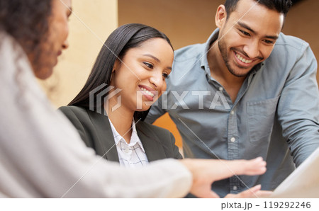Happy, meeting and business people reading with tablet for info on website, software or web developer. Teamwork, support and creative collaboration online with update to social media or planning 119292246
