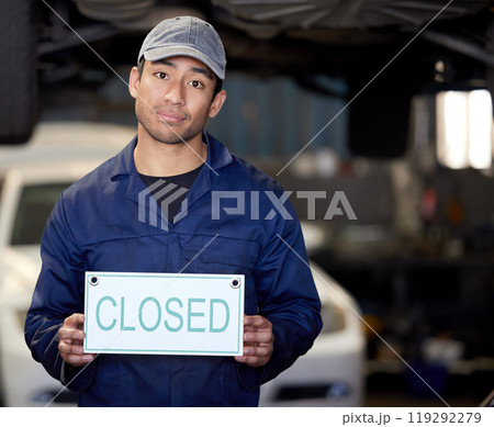 Closed sign, bankrupt and portrait of mechanic man in garage for car maintenance or vehicle repair. Debt, economy and financial crisis with unhappy engineer in service workshop for business failure Closed sign, bankrupt and portrait of mechanic man in garage for car maintenance or vehicle repair. Debt, economy and financial crisis with unhappy engineer in service workshop for business failure 119292279