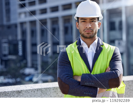 Man, engineer and portrait and arms crossed in construction site with serious, face and confident. Male person, project management and hardhat in Dubai for building, architecture and development Man, engineer and portrait and arms crossed in construction site with serious, face and confident. Male person, project management and hardhat in Dubai for building, architecture and development 119292289