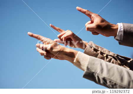Recruitment, blue sky and business people hand pointing to company deal, opportunity or we are hiring offer. Direction, forward and team with solidarity, partnership or finger suggestion for next Recruitment, blue sky and business people hand pointing to company deal, opportunity or we are hiring offer. Direction, forward and team with solidarity, partnership or finger suggestion for next 119292372