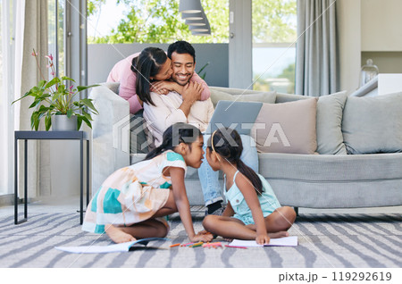 Parents, kids and happy in living room for bonding, love and growth for child development. Family, girl and satisfied at home with care, childhood memories and together with trust, play and support Parents, kids and happy in living room for bonding, love and growth for child development. Family, girl and satisfied at home with care, childhood memories and together with trust, play and support 119292619