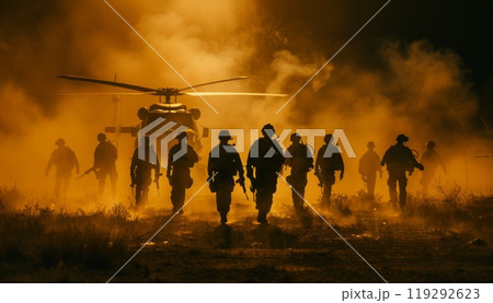 Helicopter and trooper. Military forces, men with rifle and gun. Air attack, aircraft in action 119292623