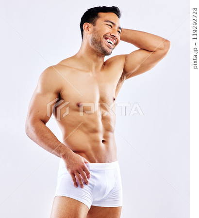 Muscle, man and happy in underwear on studio, white background or bodybuilder mockup. Healthy, athlete and model with abs or training from fitness, exercise and progress from workout at gym aesthetic Muscle, man and happy in underwear on studio, white background or bodybuilder mockup. Healthy, athlete and model with abs or training from fitness, exercise and progress from workout at gym aesthetic 119292728