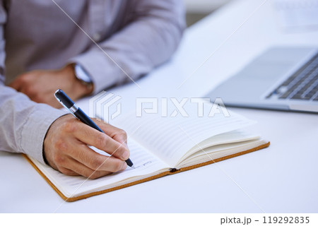 Hands, writing notes and person in office with ideas, reminder and lead for story at media company. Staff writer, editor and employee with notebook for planning, schedule or research for newsletter 119292835