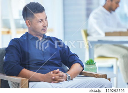 Office, meeting and waiting room for interview, chair and recruitment or application for job. Relax, hire and human resources for employee man for agency, corporate and financial advisor vacancy 119292893