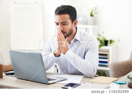 Business man, thinking and laptop in office with stock market investing and financial growth idea. Serious, tech and working investment professional with accounting problem solving of portfolio 119292899