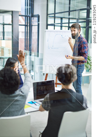 Leadership, presentation and graph in office for meeting, collaboration and data analysis. Teamwork, men and woman in workplace for planning, strategy and start up company project in New York Leadership, presentation and graph in office for meeting, collaboration and data analysis. Teamwork, men and woman in workplace for planning, strategy and start up company project in New York 119293045