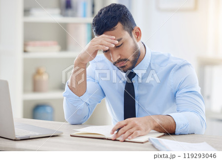 Businessman, desk and write for stress and burnout, notebook and research in office. Headache, corporate and laptop for financial advisor for male person, deadline or notes for audit and overworked Businessman, desk and write for stress and burnout, notebook and research in office. Headache, corporate and laptop for financial advisor for male person, deadline or notes for audit and overworked 119293046