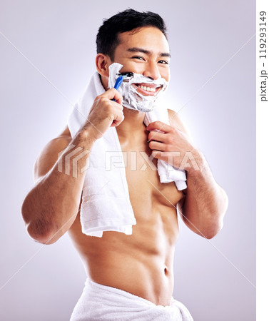 Portrait, happy man and shaving face with razor in studio for cleaning, health or hair removal for hygiene isolated on white background. Cream, foam or cut beard for skincare, grooming or body muscle Portrait, happy man and shaving face with razor in studio for cleaning, health or hair removal for hygiene isolated on white background. Cream, foam or cut beard for skincare, grooming or body muscle 119293149