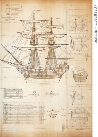 Caravel, sailing ship sketch. Technical drawing. Exploration and discovery concept. Nautical poster artwork design. Generative Ai 119293237