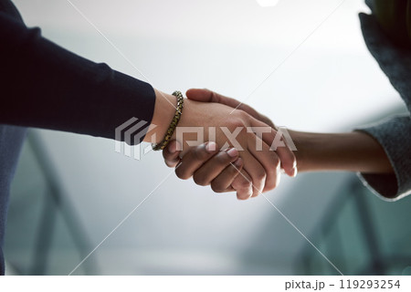 Shaking hands, deal and business people in office for agreement, partnership and welcome for introduction. Recruitment, meeting and hr with candidate for onboarding or hiring handshake in workplace. 119293254
