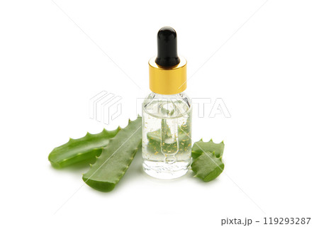 Aloe vera and oil bottle isolated on white background. 119293287