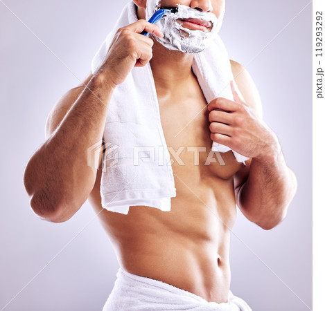 Body, razor and shaving face for cleaning, health and hair removal for hygiene isolated on white background in studio. Cream, foam and man cutting beard for skincare, grooming or muscle for beauty 119293292