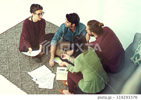 Floor, workshop and business people in creative brainstorming, collaboration or ideas at startup. Growth, development and teamwork at meeting for design, planning and problem solving on office carpet Floor, workshop and business people in creative brainstorming, collaboration or ideas at startup. Growth, development and teamwork at meeting for design, planning and problem solving on office carpet 119293376