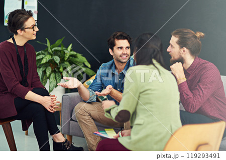 Group, brainstorming and creative on desk, office and listening for ideas, planning and employees in collaboration. Design, agency and startup with entrepreneur, man and women in company and teamwork Group, brainstorming and creative on desk, office and listening for ideas, planning and employees in collaboration. Design, agency and startup with entrepreneur, man and women in company and teamwork 119293491