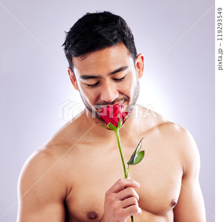 Man, rose and shirtless body in studio for natural scent, luxury fragrance and cosmetic. Spanish model, flower and plant on white background with mockup space for organic skincare or designer cologne 119293549