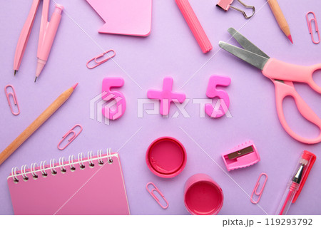 Purple school supplies on purple background. Back to school concept. Purple school supplies on purple background. Back to school concept. 119293792