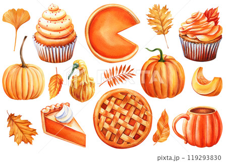 Autumn watercolor painting set of sweets, pumpkin, dry leaves, pie and cupcake isolated on white background clipart 119293830