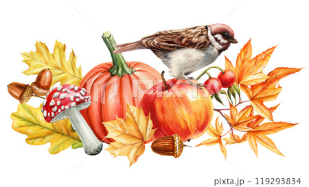 Vibrant fall composition with bird sparrow, pumpkin, autumn leaves and mushroom watercolor botanical painting. Postcard Vibrant fall composition with bird sparrow, pumpkin, autumn leaves and mushroom watercolor botanical painting. Postcard 119293834