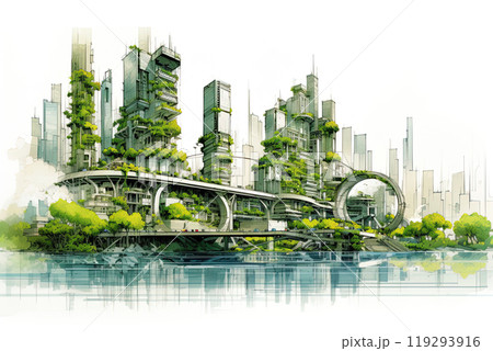 Futuristic city sketch drawing. Sustainable, green energy concept. Poster, wall art design.Generative Ai 119293916