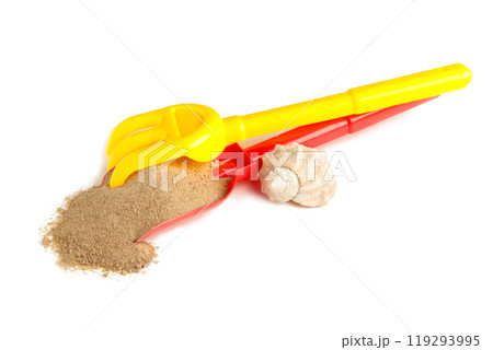 Children's beach toys and sand isolated on white background. 119293995