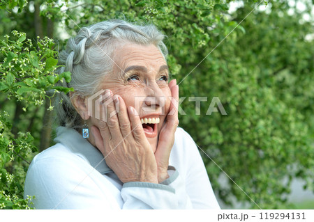 Portrait of a beautiful woman in the park in summer 119294131