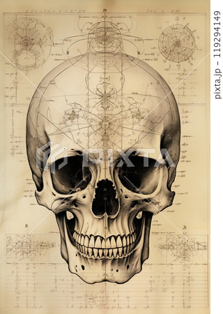 Human skull drawing sketch. Anatomy and medical concept. Poster, artwork design. Generative Ai 119294149