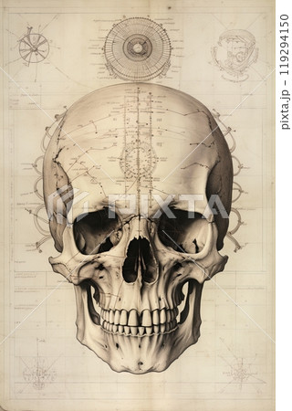 Human skull drawing sketch. Anatomy and medical concept. Poster, artwork design. Generative Ai 119294150
