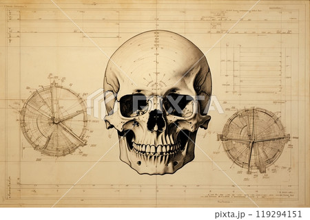 Human skull drawing sketch. Anatomy and medical concept. Poster, artwork design. Generative Ai 119294151
