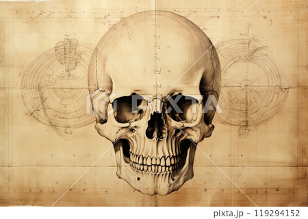 Human skull drawing sketch. Anatomy and medical concept. Poster, artwork design. Generative Ai 119294152
