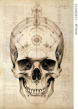 Human skull drawing sketch. Anatomy and medical concept. Poster, artwork design. Generative Ai 119294153