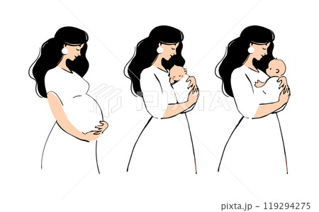 Mother s day. Pregnancy and motherhood illustration set, pregnant woman, mother with child. Hand drawn vector sketch. Vector isolated on white background. 119294275