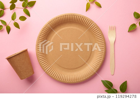Eco friendly disposable dishes with green leaves on pink background. Zero waste, eco friendly, plastic free background. Eco friendly disposable dishes with green leaves on pink background. Zero waste, eco friendly, plastic free background. 119294278