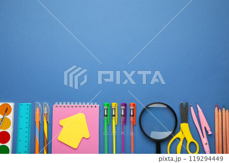 School supplies on blue background with copy space. Back to school concept. 119294449