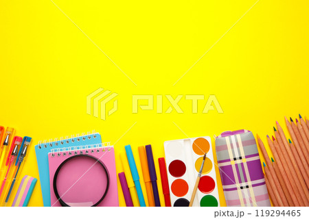 School supplies on pink background. Back to school concept. School supplies on pink background. Back to school concept. 119294465