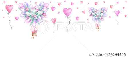 Heart-shaped flower balloon with flying hearts watercolor seamless border on white. Hand draw endless illustration. Horizontal upper banner for romantic Valentines Day, weddings designs and packaging. 119294546