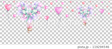 Heart-shaped flower balloon with flying hearts watercolor seamless border on white. Hand draw endless illustration. Horizontal upper banner for romantic Valentines Day, weddings designs and packaging. 119294546