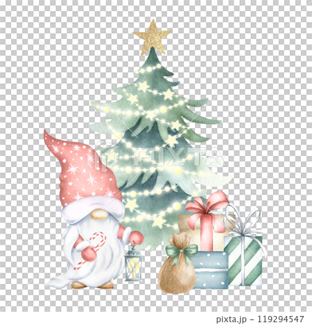 Christmas gnome with lantern and candy cane, spruce with shining garland lights and gift boxes. Watercolor illustration isolated on white background for Happy New Year greeting cards and designs. 119294547