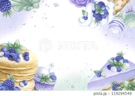 Cake, pancake, marshmallows and candy with blueberries, blackberries, mint. Hand drawn watercolor isolated illustration of desserts with wild berries. Horizontal frame template with space for text. 119294549