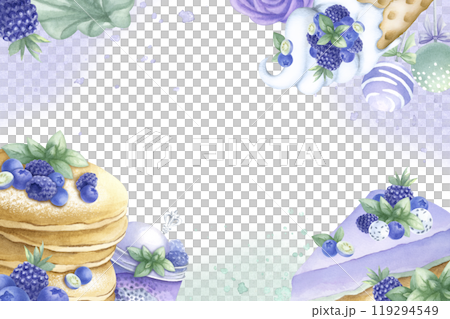 Cake, pancake, marshmallows and candy with blueberries, blackberries, mint. Hand drawn watercolor isolated illustration of desserts with wild berries. Horizontal frame template with space for text. 119294549