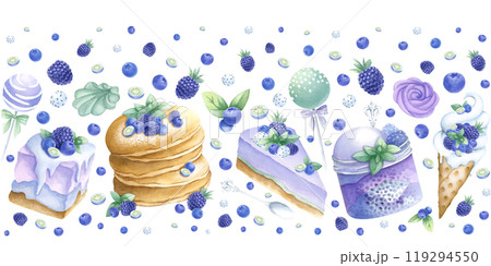 Cake, ice cream, pancake, marshmallows and candy with blueberries, blackberries, mint watercolor seamless banner isolated on white. Hand drawn border for kitchen textile, food packaging and cookbooks. Cake, ice cream, pancake, marshmallows and candy with blueberries, blackberries, mint watercolor seamless banner isolated on white. Hand drawn border for kitchen textile, food packaging and cookbooks. 119294550
