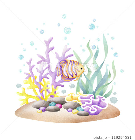 Seabed with fish, seaweed, coral, pebbles, stones, bubbles watercolor isolated illustration in cartoon style. Hand drawn ocean bottom in yellow, lilac and green colors for nautical and marine designs. 119294551