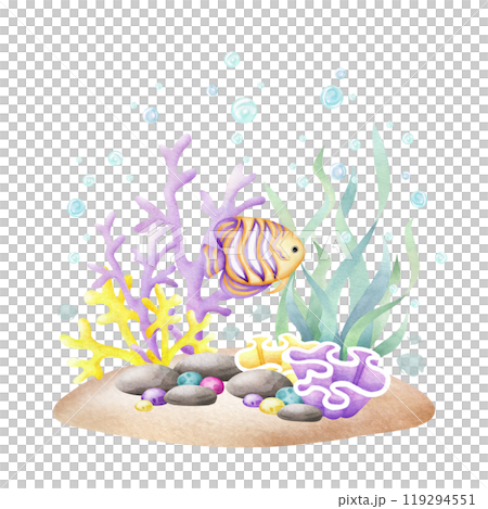 Seabed with fish, seaweed, coral, pebbles, stones, bubbles watercolor isolated illustration in cartoon style. Hand drawn ocean bottom in yellow, lilac and green colors for nautical and marine designs. 119294551