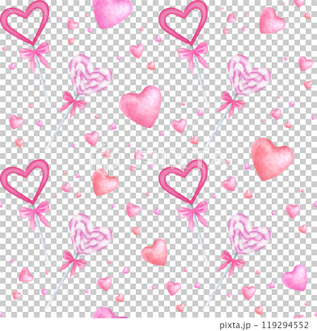 Red and pink hearts, heart-shaped candy on stick decorated with bow watercolor seamless pattern on white. Hand draw illustration for romantic Valentines Day, weddings designs, festive packaging. Red and pink hearts, heart-shaped candy on stick decorated with bow watercolor seamless pattern on white. Hand draw illustration for romantic Valentines Day, weddings designs, festive packaging. 119294552