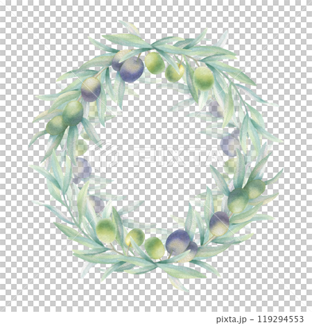 Olive tree branch with fruit and green leaves. Watercolor round wreath frame isolated on white in realistic style. Hand drawn botanical illustration for product label, logo, greeting, wedding card. Olive tree branch with fruit and green leaves. Watercolor round wreath frame isolated on white in realistic style. Hand drawn botanical illustration for product label, logo, greeting, wedding card. 119294553