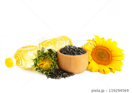 Bottle of oil with sunflower and seed isolated on white background 119294569