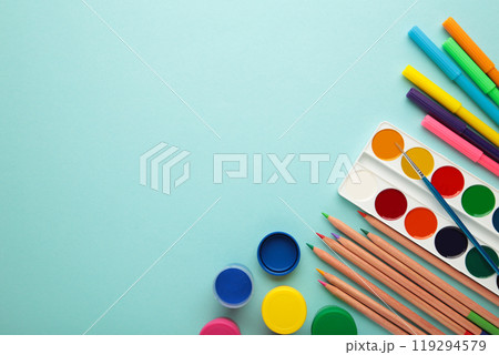 School supplies on blue background. Back to school concept. 119294579