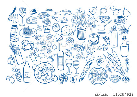Set of hand drawn simple mediterranean food Set of hand drawn simple mediterranean food 119294922